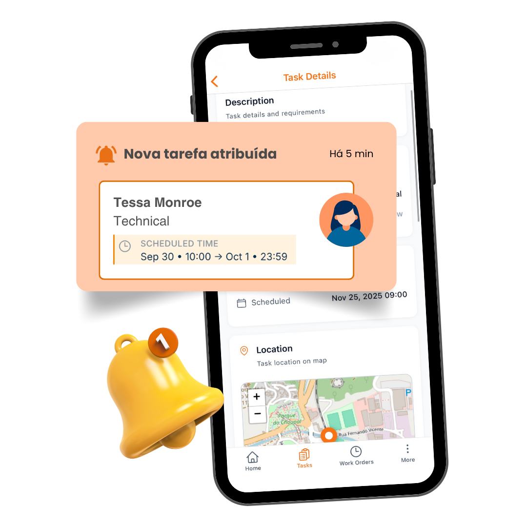 Mobile task list showing assigned jobs with details and locations