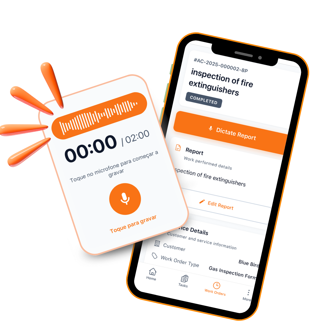 Voice recording interface with AI transcription for creating service reports